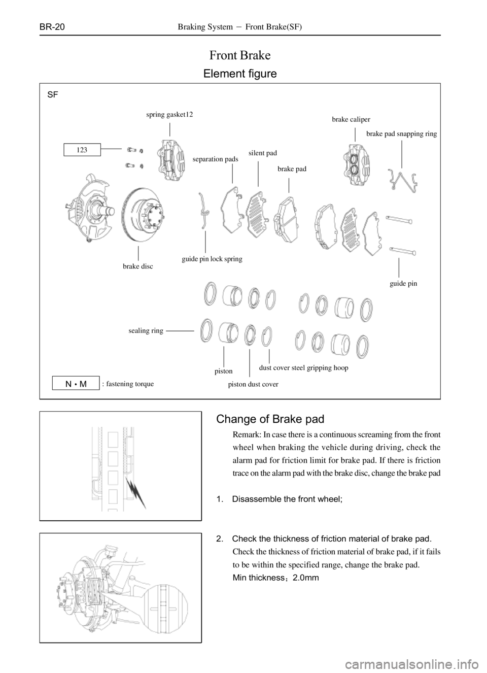 GREAT WALL SAFE 2006  Service Manual BR-20
Front Brake
Element figure
spring gasket12
123
 separation padssilent pad
brake padbrake caliper
brake pad snapping ring
guide pin lock spring
sealing ringguide pin
dust cover steel gripping hoo