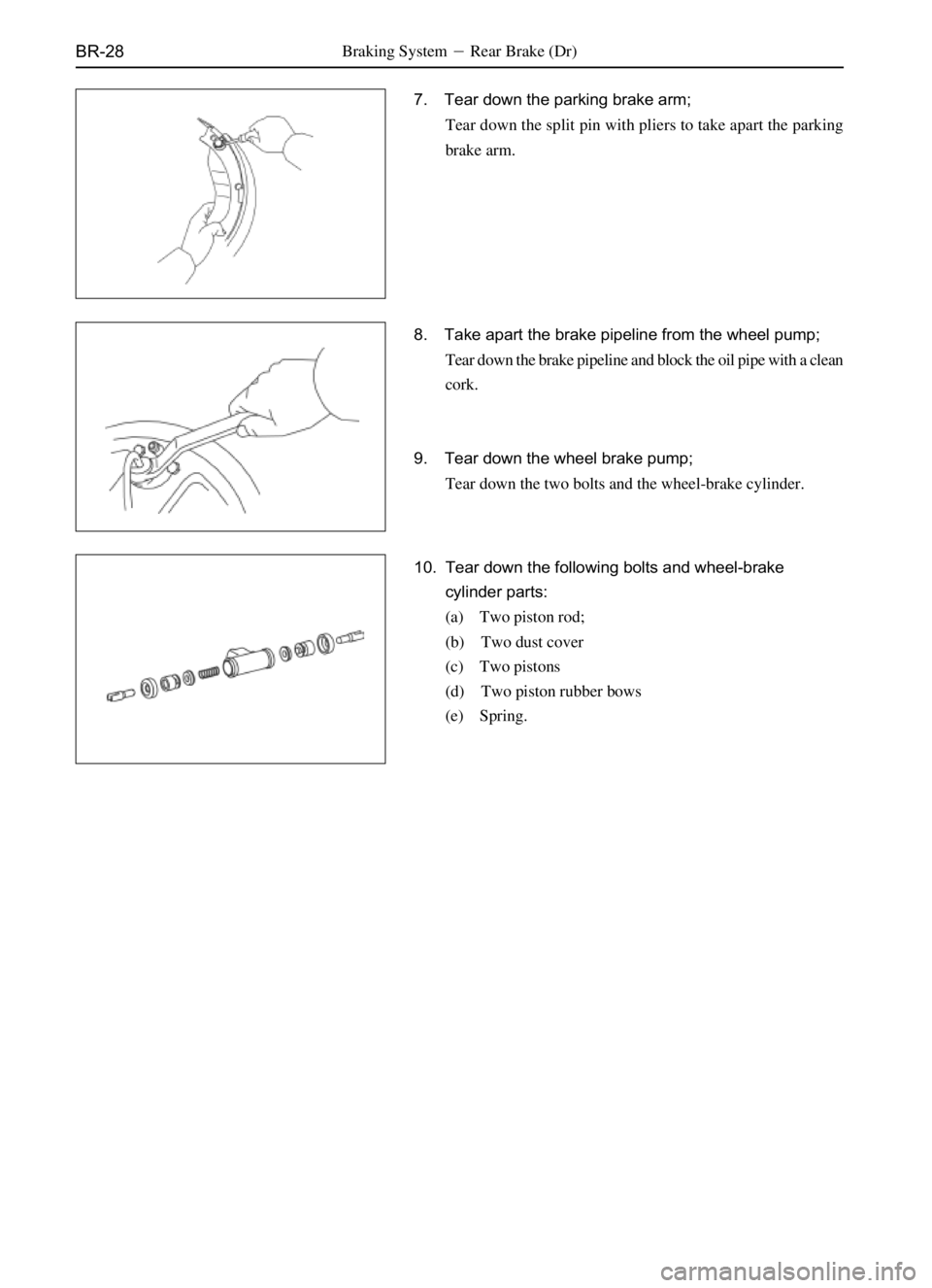 GREAT WALL SAFE 2006  Service Manual BR-28
7. Tear down the parking brake arm;
Tear down the split pin with pliers to take apart the parking
brake arm.
8. Take apart the brake pipeline from the wheel pump;
Tear down the brake pipeline an