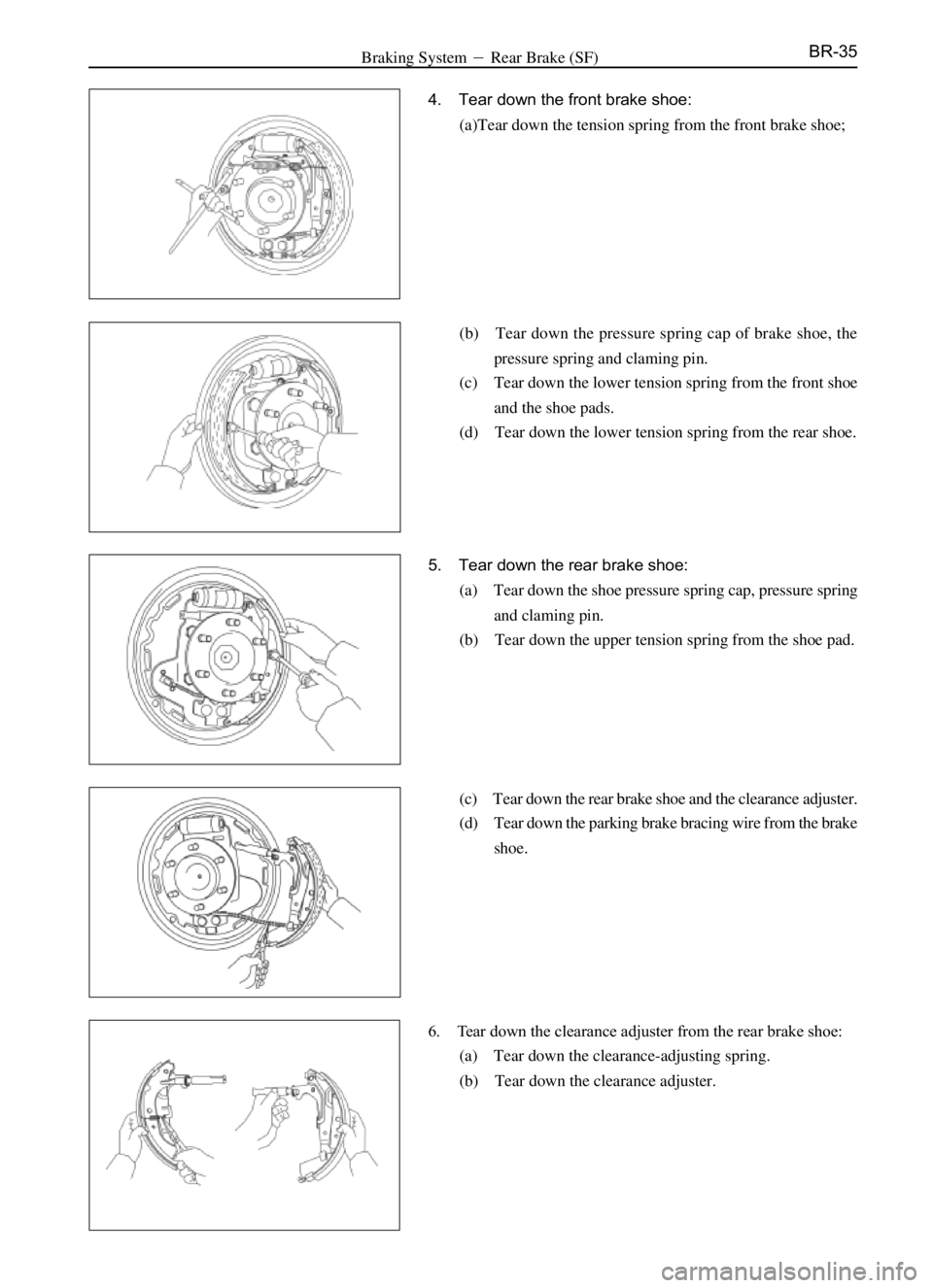 GREAT WALL SAFE 2006  Service Manual BR-35
4. Tear down the front brake shoe:
(a)Tear down the tension spring from the front brake shoe;
(b) Tear down the pressure spring cap of brake shoe, the
pressure spring and claming pin.
(c) Tear d