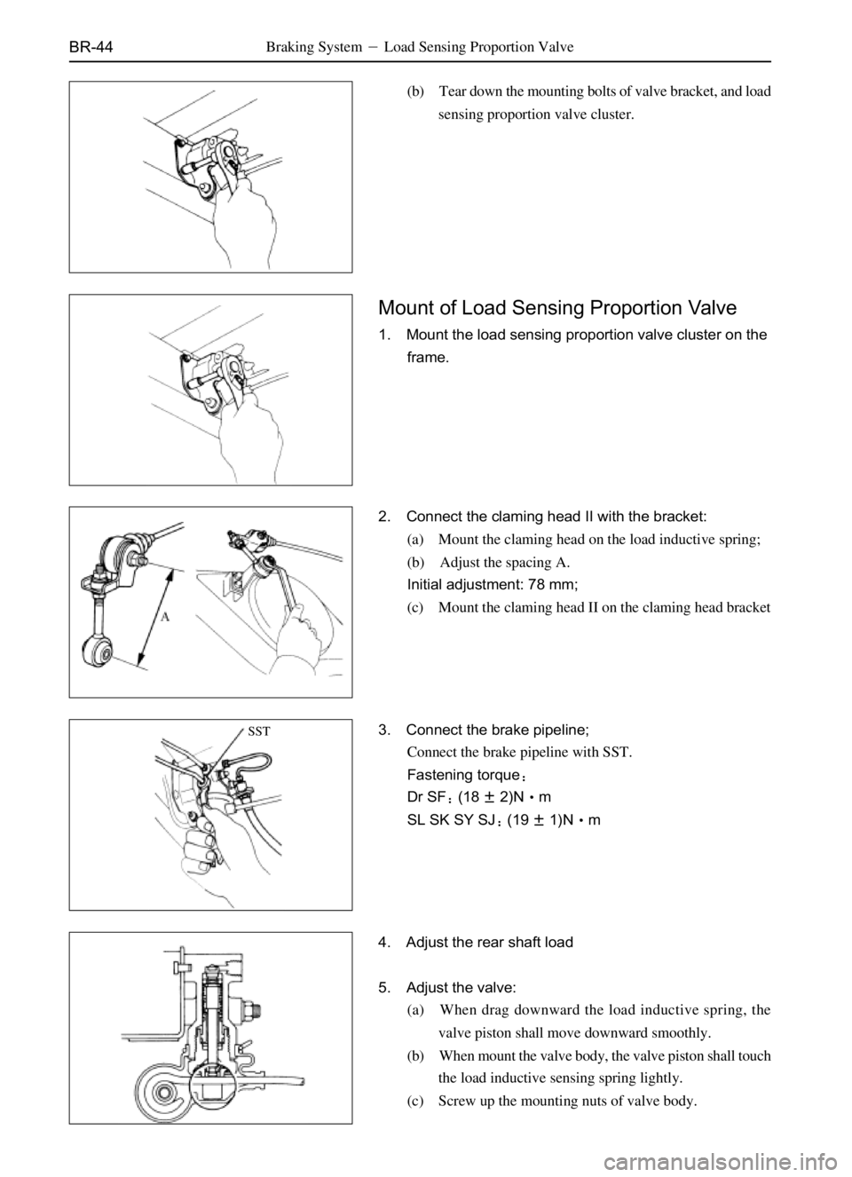 GREAT WALL SAFE 2006  Service Manual BR-44Braking SystemLoad Sensing Proportion Valve
(b) Tear down the mounting bolts of valve bracket, and load
sensing proportion valve cluster.
Mount of Load Sensing Proportion Valve
1. Mount the load