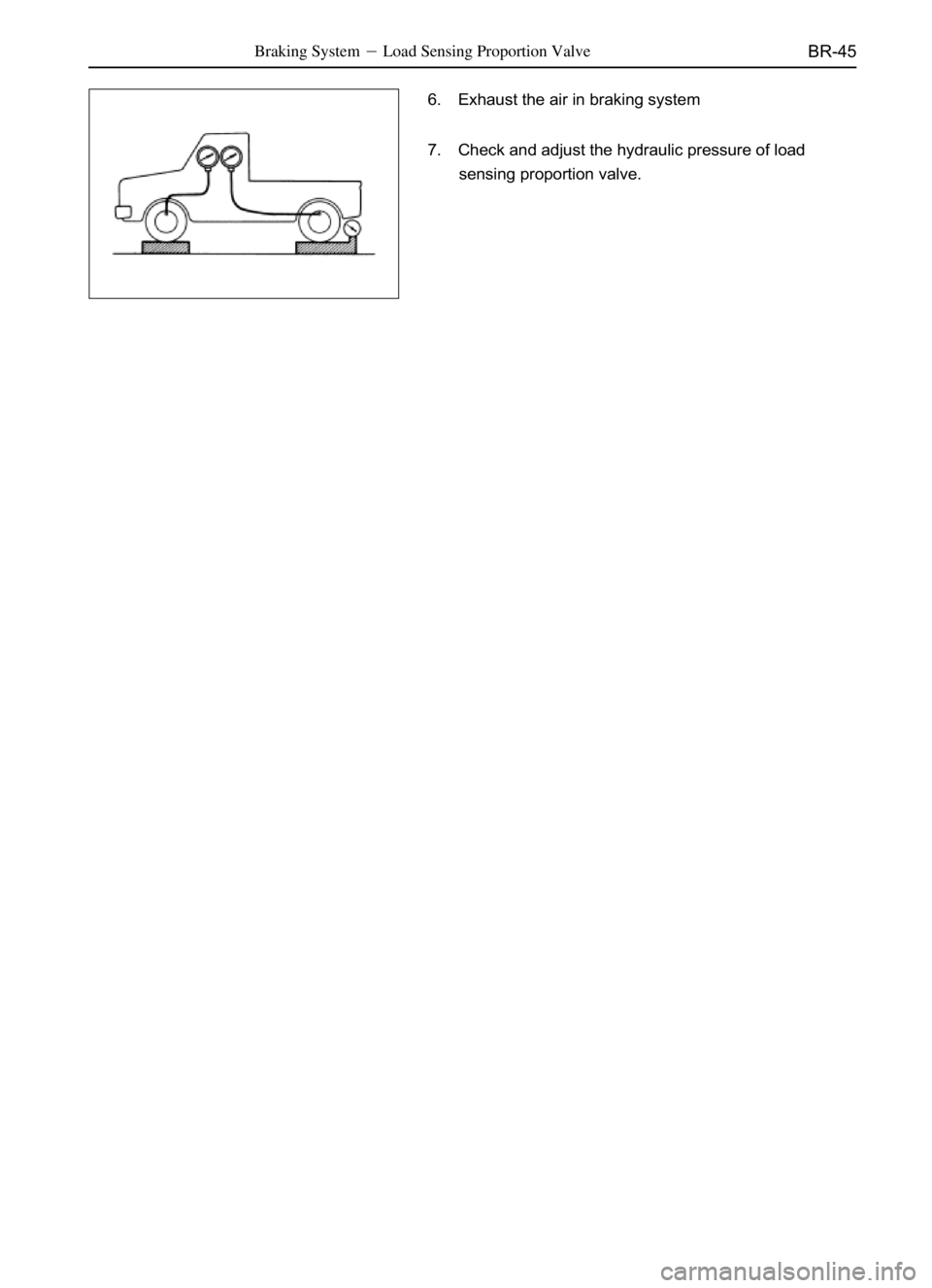 GREAT WALL SAFE 2006  Service Manual BR-45Braking SystemLoad Sensing Proportion Valve
6. Exhaust the air in braking system
7. Check and adjust the hydraulic pressure of load
sensing proportion valve. 