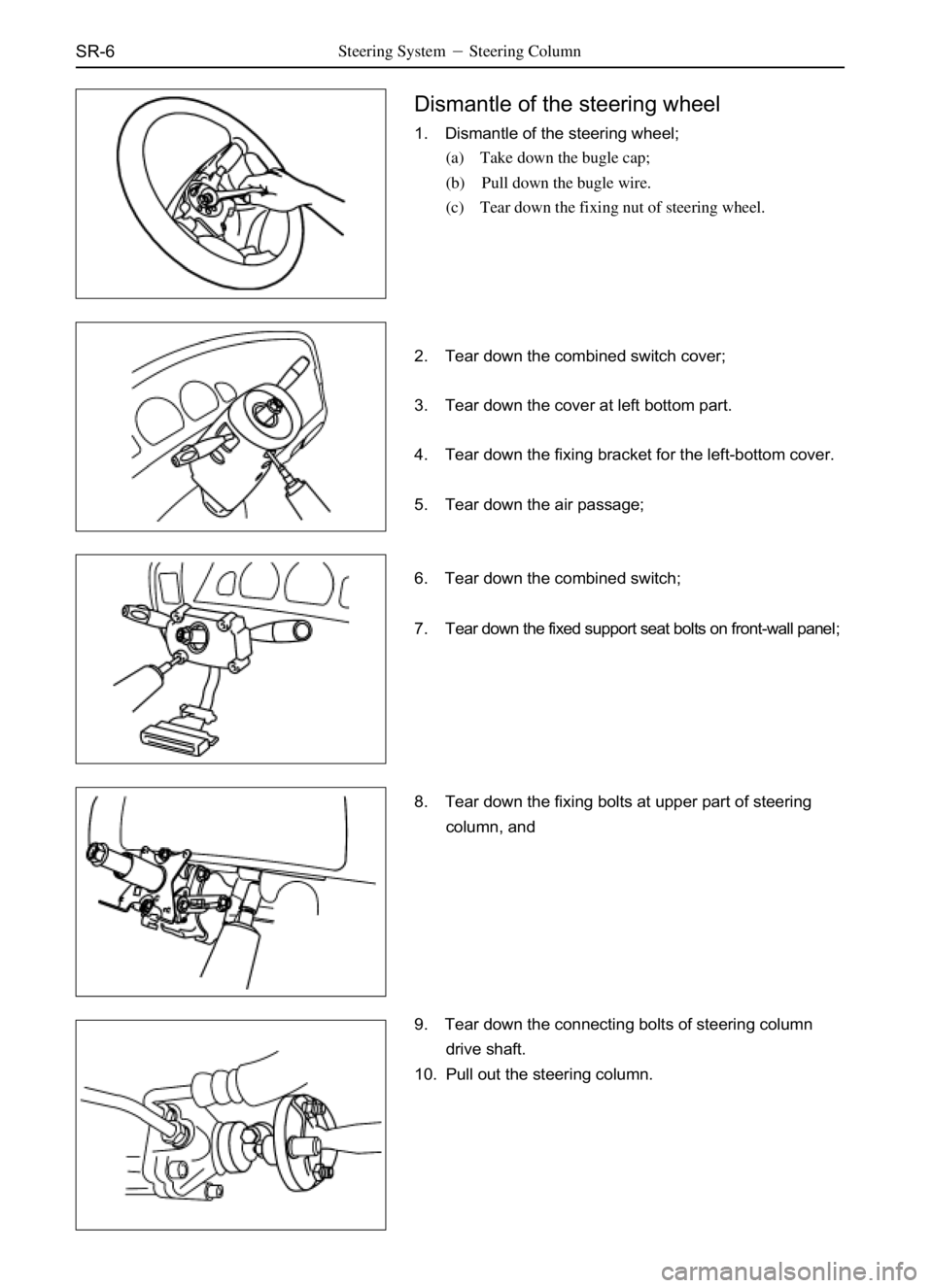 GREAT WALL SAFE 2006  Service Manual SR-6Steering SystemSteering Column
Dismantle of the steering wheel
1. Dismantle of the steering wheel;
(a) Take down the bugle cap;
(b) Pull down the bugle wire.
(c) Tear down the fixing nut of steer