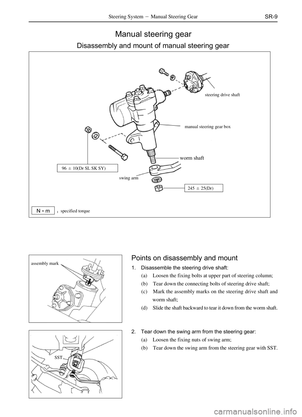 GREAT WALL SAFE 2006  Service Manual SR-9Steering SystemManual Steering Gear
Manual steering gear
Disassembly and mount of manual steering gear
steering drive shaft
manual steering gear box
swing arm
Nmspecified torque
24525(Dr)
asse