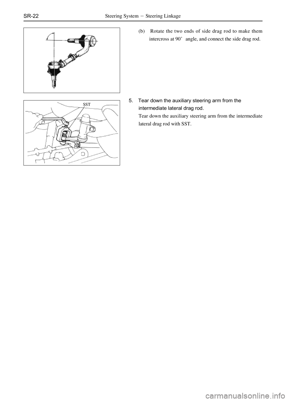 GREAT WALL SAFE 2006  Service Manual SR-22Steering SystemSteering Linkage
(b) Rotate the two ends of side drag rod to make them
intercross at 90angle, and connect the side drag rod.
5. Tear down the auxiliary steering arm from the
inte