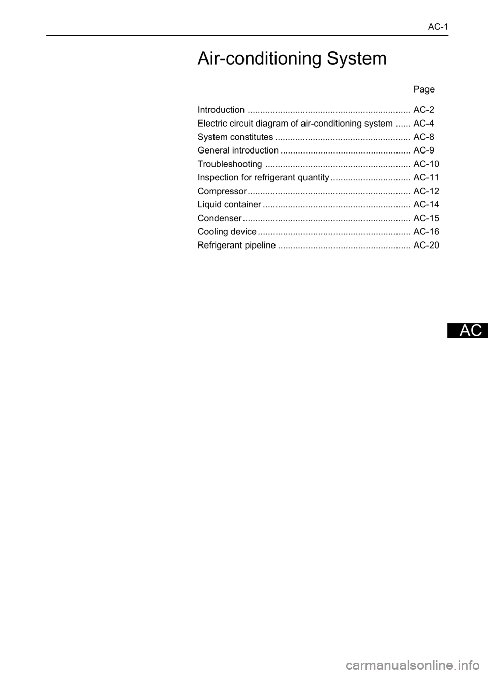 GREAT WALL SAFE 2006  Service Manual AC-1
Page
Introduction ................................................................. AC-2
Electric circuit diagram of air-conditioning system ...... AC-4
System constitutes .......................