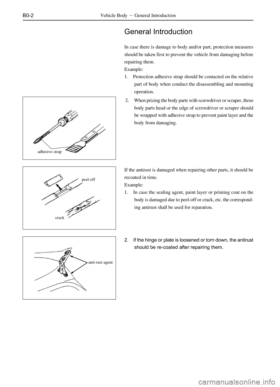 GREAT WALL SAFE 2006  Service Manual B0-2
General Introduction
In case there is damage to body and/or part, protection measures
should be taken first to prevent the vehicle from damaging before
repairing them.
Example:
1. Protection adhe