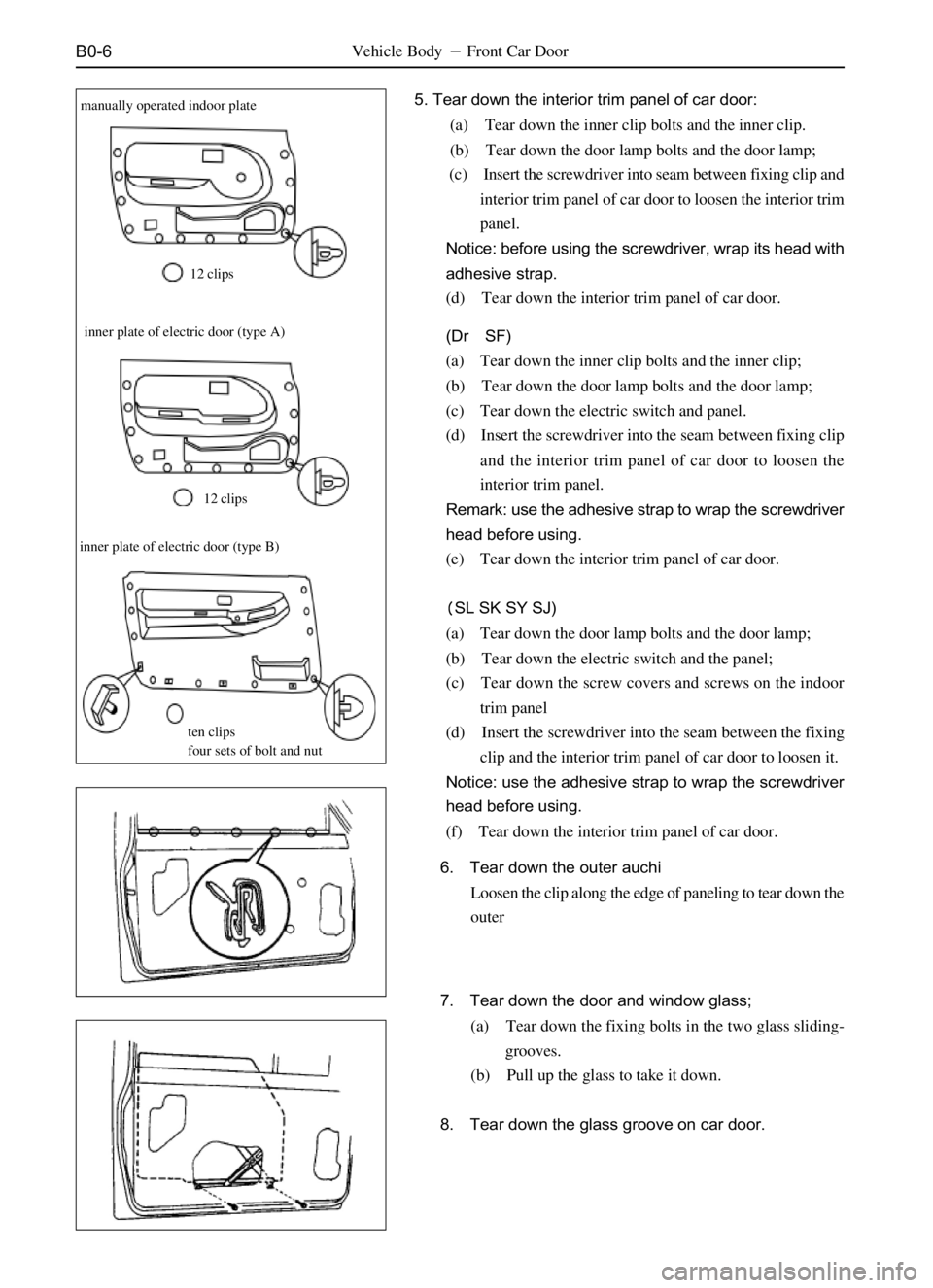 GREAT WALL SAFE 2006  Service Manual B0-6
5. Tear down the interior trim panel of car door:
 (a) Tear down the inner clip bolts and the inner clip.
 (b) Tear down the door lamp bolts and the door lamp;
 (c) Insert the screwdriver into se