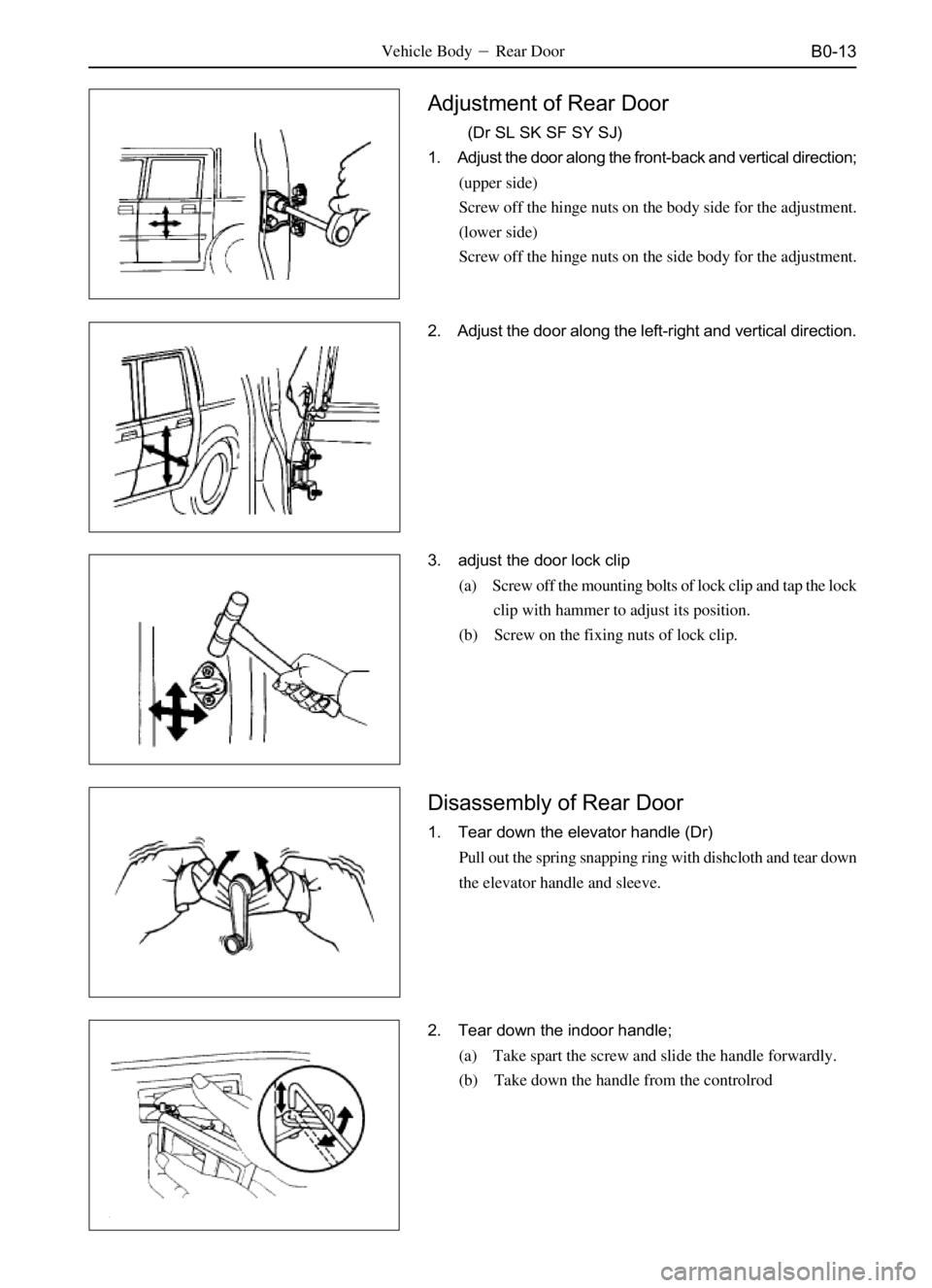 GREAT WALL SAFE 2006  Service Manual B0-13
Adjustment of Rear Door
  (Dr SL SK SF SY SJ)
1. Adjust the door along the front-back and vertical direction;
(upper side)
Screw off the hinge nuts on the body side for the adjustment.
(lower si