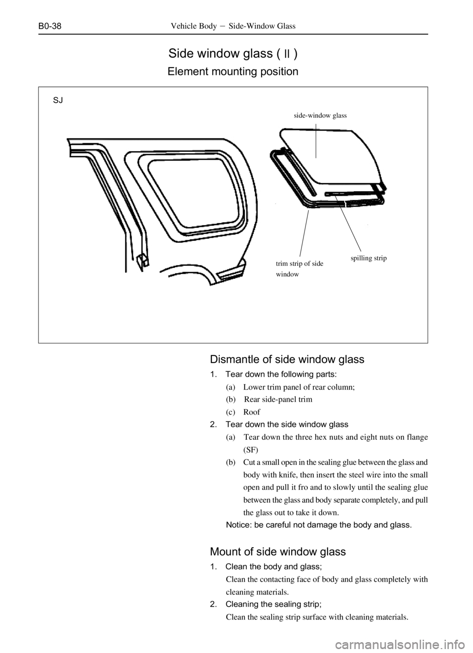 GREAT WALL SAFE 2006  Service Manual B0-38
Side window glass ()
Element mounting position
Vehicle BodySide-Window Glass
SJ
side-window glass
spilling strip
trim strip of side
window
Dismantle of side window glass
1. Tear down the follo