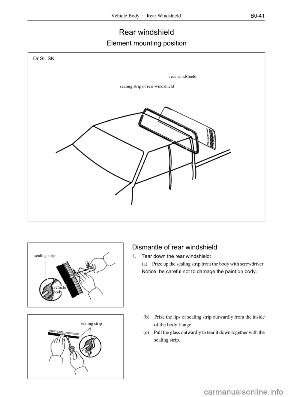 GREAT WALL SAFE 2006  Service Manual B0-41Vehicle BodyRear Windshield
Rear windshield
Element mounting position
Dismantle of rear windshield
1. Tear down the rear windshield:
(a) Prize up the sealing strip front the body with screwdrive