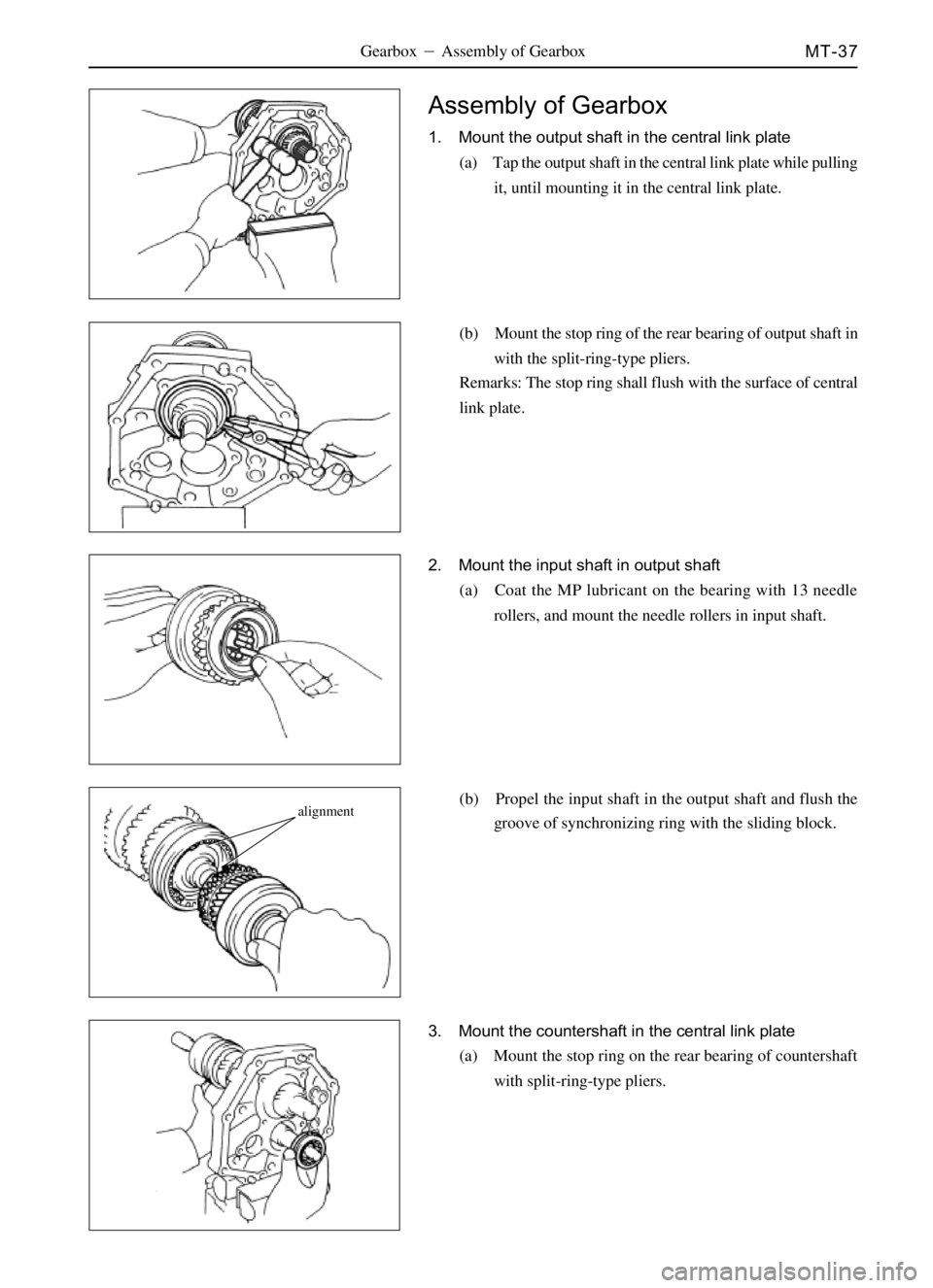 GREAT WALL SAFE 2006 Workshop Manual MT-37
Assembly of Gearbox
1. Mount the output shaft in the central link plate
(a) Tap the output shaft in the central link plate while pulling
it, until mounting it in the central link plate.
(b) Moun