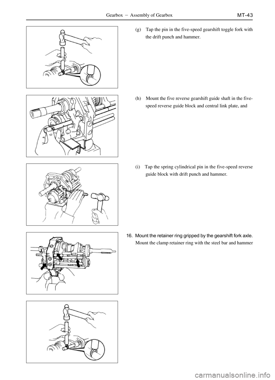 GREAT WALL SAFE 2006 Repair Manual MT-43Gearbox Assembly of Gearbox
(g) Tap the pin in the five-speed gearshift toggle fork with
the drift punch and hammer.
(h) Mount the five reverse gearshift guide shaft in the five-
speed reverse g