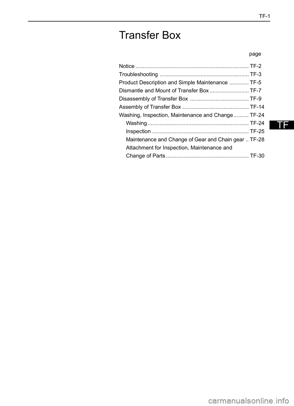 GREAT WALL SAFE 2006 Repair Manual TF-1
page
Notice ........................................................................... TF-2
Troubleshooting ........................................................... TF-3
Product Description a