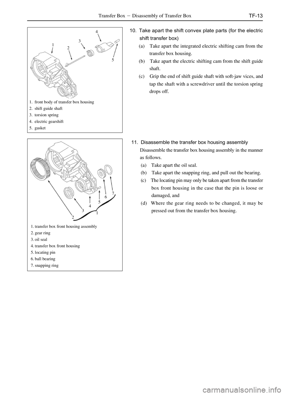 GREAT WALL SAFE 2006 Manual PDF TF-13
1
234
5
7
6
5
4
3
21
Transfer BoxDisassembly of Transfer Box
10. Take apart the shift convex plate parts (for the electric
shift transfer box)
(a) Take apart the integrated electric shifting ca