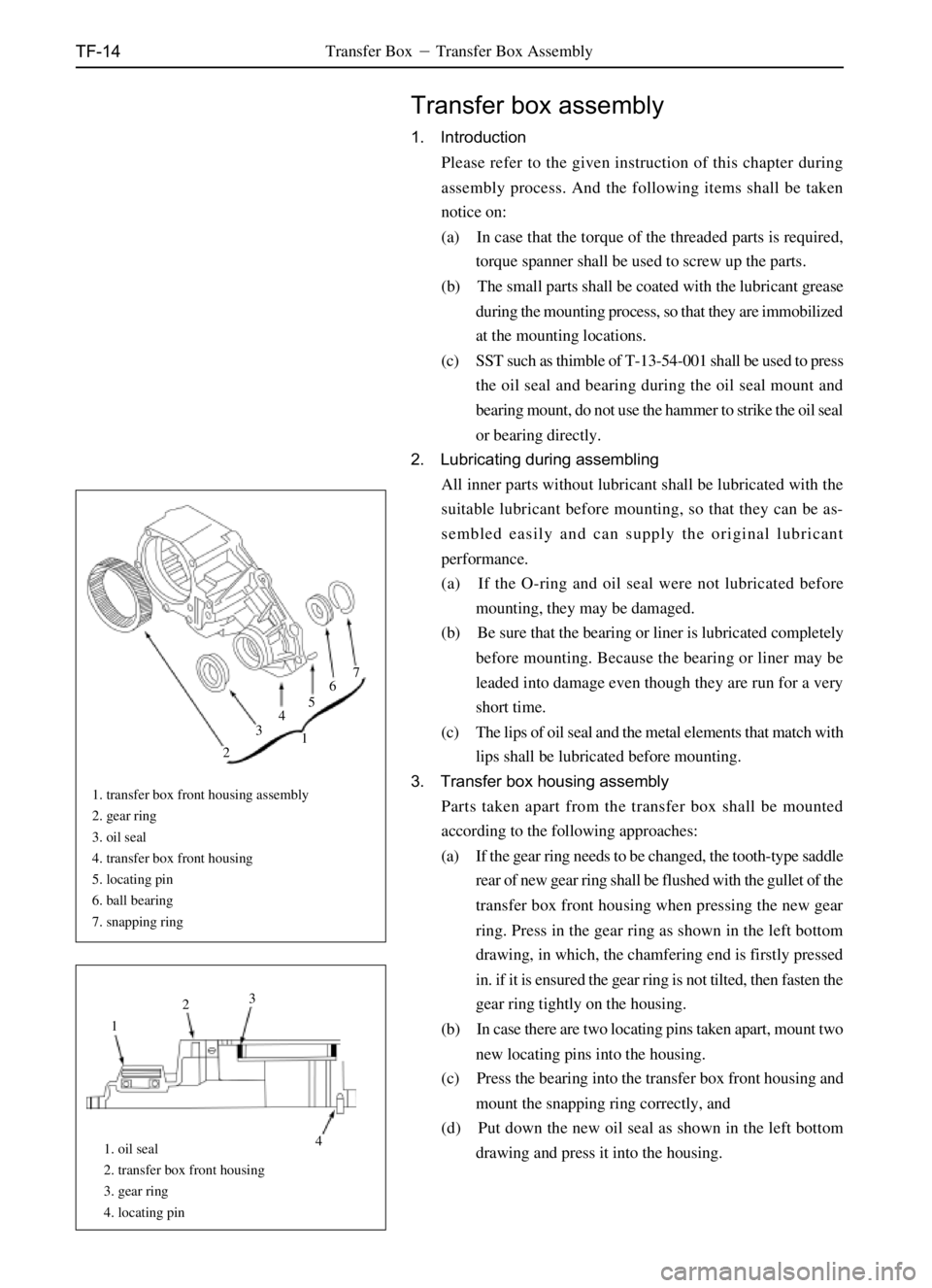 GREAT WALL SAFE 2006 Manual PDF TF-14
7
6
5
4
3
21
1. transfer box front housing assembly
2. gear ring
3. oil seal
4. transfer box front housing
5. locating pin
6. ball bearing
7. snapping ring
NMR23
41
1. oil seal
2. transfer box f
