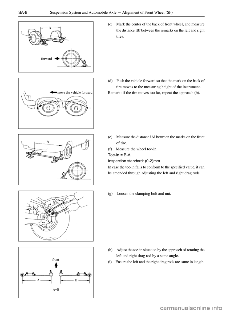 GREAT WALL SAILOR 2006  Service Manual SA-8Suspension System and Automobile AxleAlignment of Front Wheel (SF)
(c) Mark the center of the back of front wheel, and measure
the distance ìBî between the remarks on the left and right
tires.

