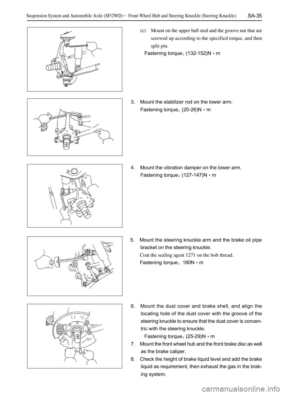 GREAT WALL SAILOR 2006  Service Manual SA-35
(c) Mount on the upper ball stud and the groove nut that are
screwed up according to the specified torque, and then
split pin.
Fastening torque(132-152)Nm
3. Mount the stabilizer rod on the lo