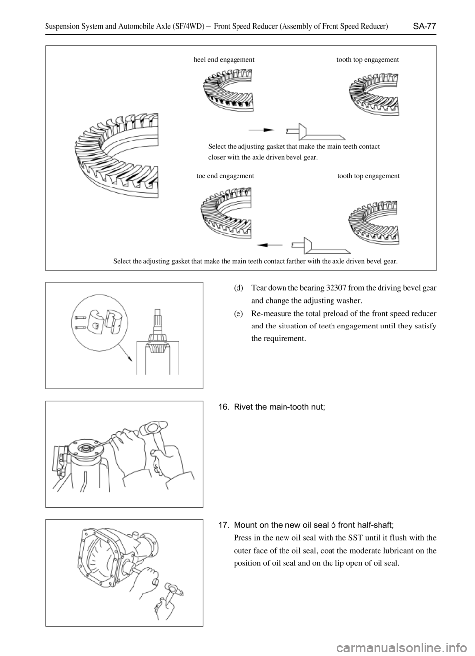GREAT WALL SAILOR 2006  Service Manual SA-77
heel end engagement tooth top engagement
Select the adjusting gasket that make the main teeth contact
closer with the axle driven bevel gear.
toe end engagement tooth top engagement
Select the a