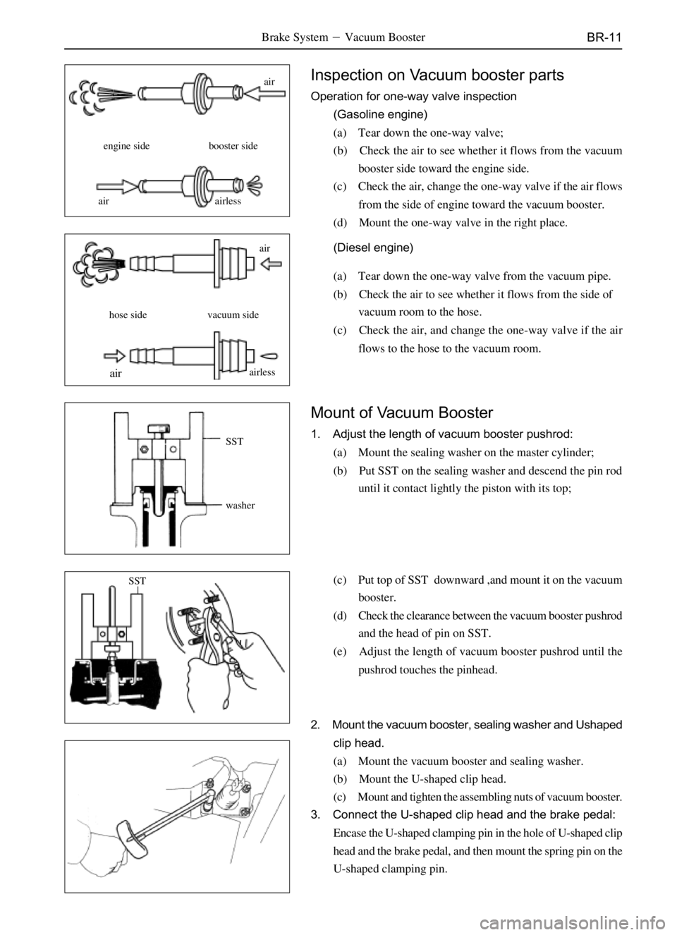 GREAT WALL SAILOR 2006  Service Manual BR-11Brake SystemVacuum Booster
Inspection on Vacuum booster parts
Operation for one-way valve inspection
(Gasoline engine)
(a) Tear down the one-way valve;
(b) Check the air to see whether it flows 