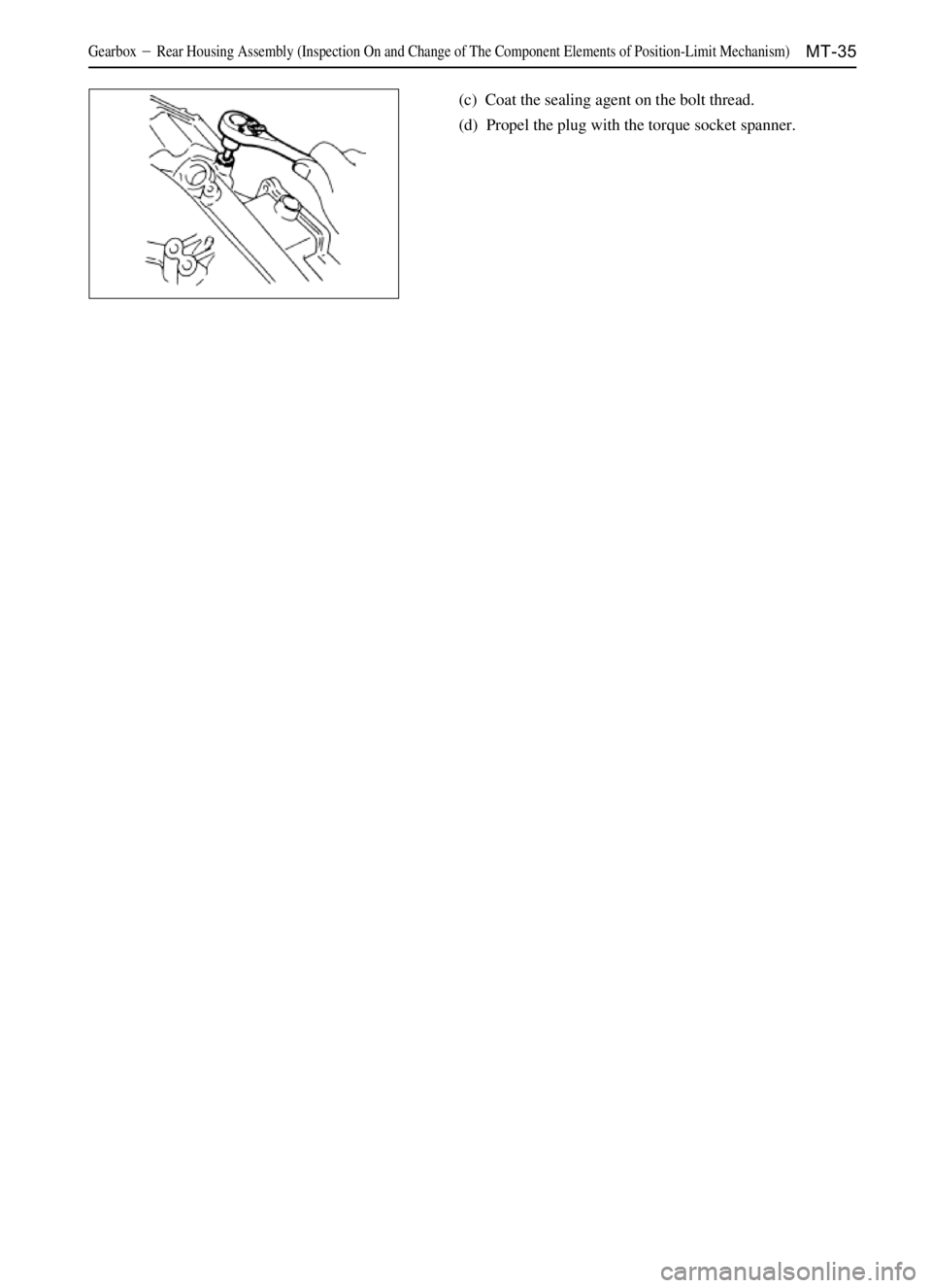 GREAT WALL SAILOR 2006 Workshop Manual MT-35GearboxRear Housing Assembly (Inspection On and Change of The Component Elements of Position-Limit Mechanism)
(c)  Coat the sealing agent on the bolt thread.
(d)  Propel the plug with the torque