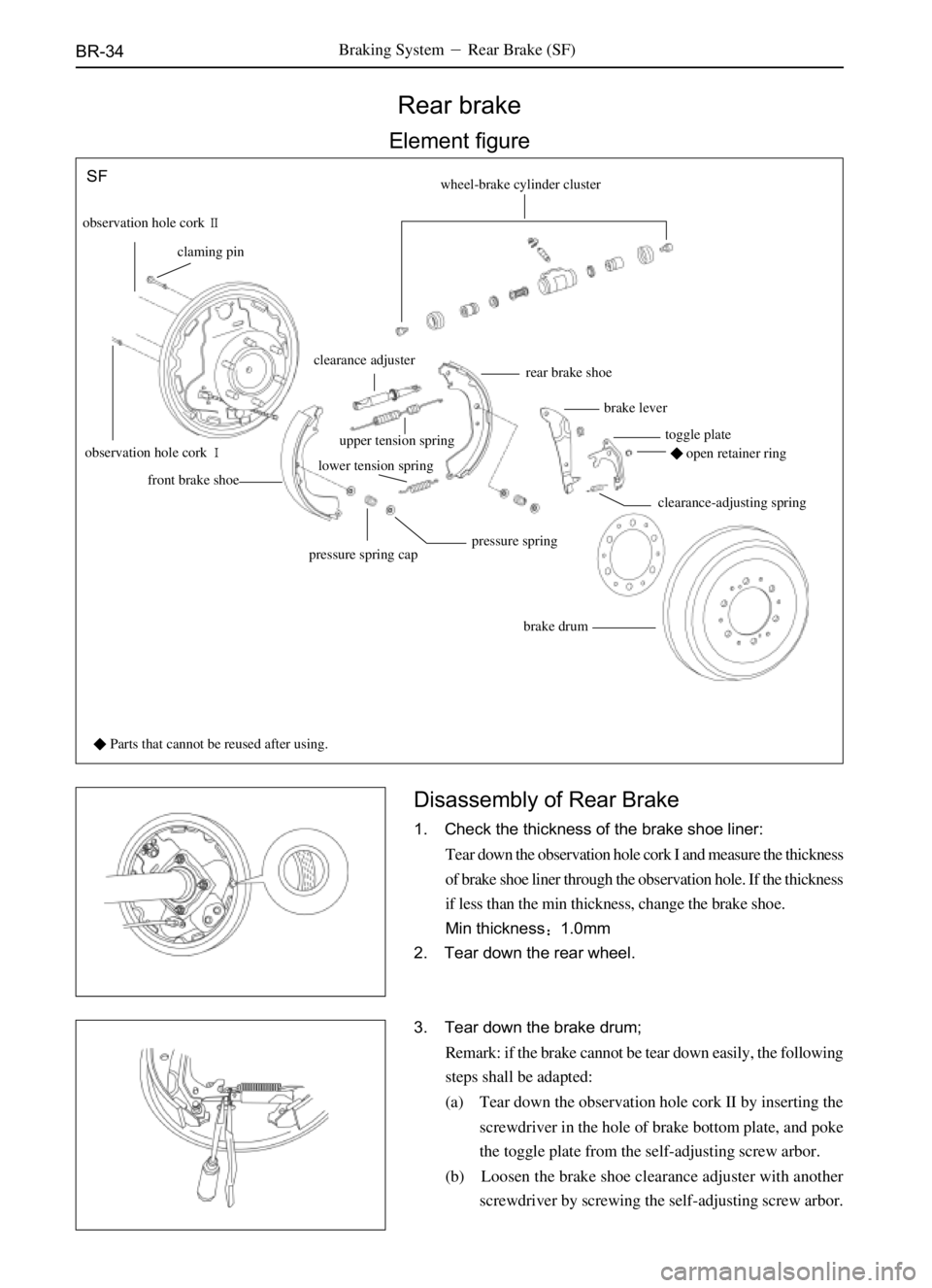 GREAT WALL SO COOL 2006  Service Manual BR-34
Rear brake
Element figure
Parts that cannot be reused after using.wheel-brake cylinder cluster
observation hole cork
claming pin
observation hole cork
front brake shoe
pressure spring caplowe