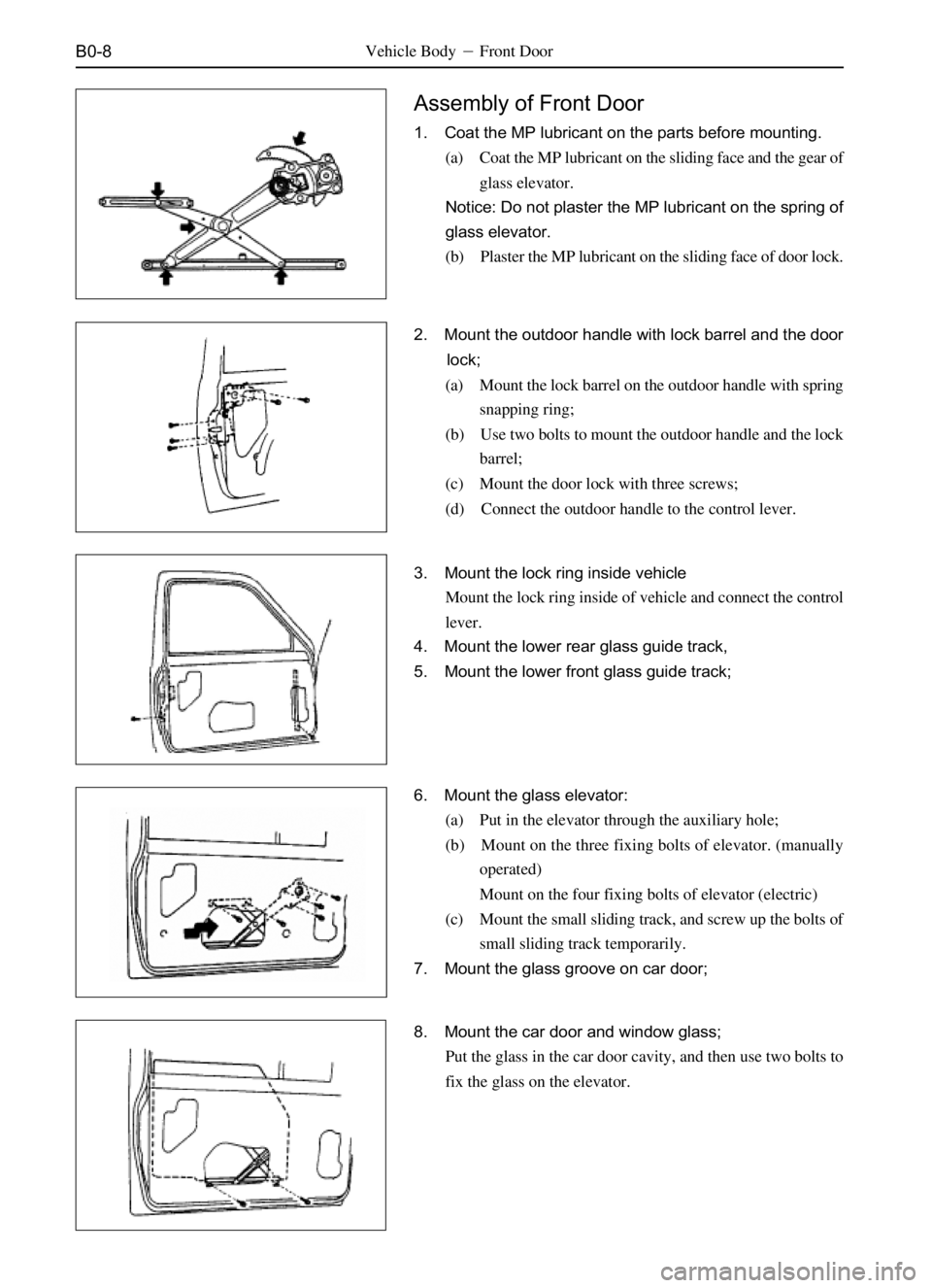 GREAT WALL SO COOL 2006 User Guide B0-8
Assembly of Front Door
1. Coat the MP lubricant on the parts before mounting.
(a) Coat the MP lubricant on the sliding face and the gear of
glass elevator.
Notice: Do not plaster the MP lubricant