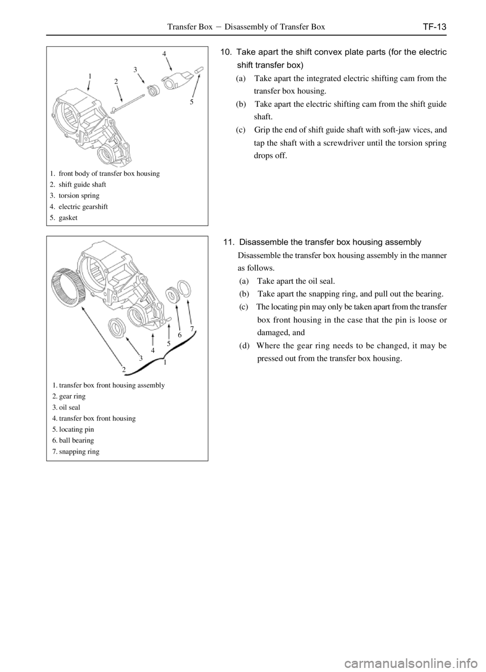 GREAT WALL SO COOL 2006 Manual PDF TF-13
1
234
5
7
6
5
4
3
21
Transfer BoxDisassembly of Transfer Box
10. Take apart the shift convex plate parts (for the electric
shift transfer box)
(a) Take apart the integrated electric shifting ca
