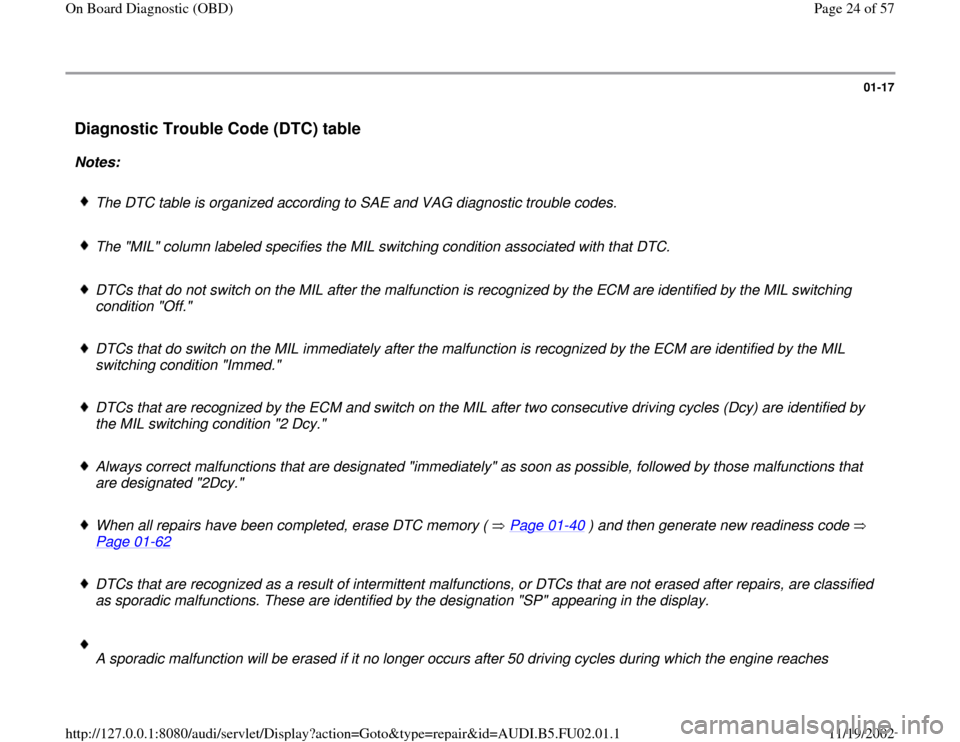 AUDI A8 1999 D2 / 1.G AEB Engine OBD and DTC 01-17
 Diagnostic Trouble Code (DTC) table
 
Notes:  
 
The DTC table is organized according to SAE and VAG diagnostic trouble codes.
 The "MIL" column labeled specifies the MIL switching condition as