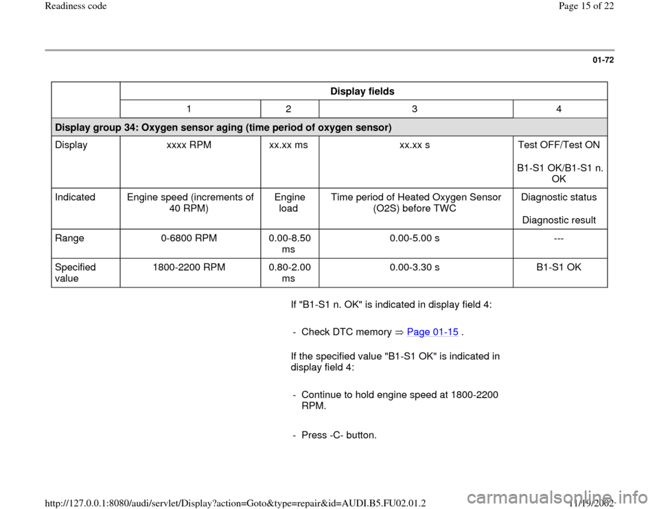 AUDI A8 2000 D2 / 1.G AEB Engine Readiness Codes 01-72
 
  
Display fields  
  
1   2   3   4  
Display group 34: Oxygen sensor aging (time period of oxygen sensor)  
Display   xxxx RPM   xx.xx ms   xx.xx s   Test OFF/Test ON  
B1-S1 OK/B1-S1 n. 
OK