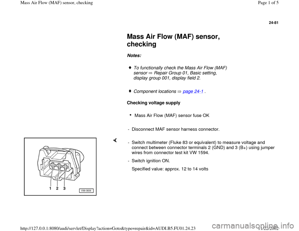AUDI A4 1999 B5 / 1.G AFC Engine Mass Air Flow Sensors Checking Workshop Manual 