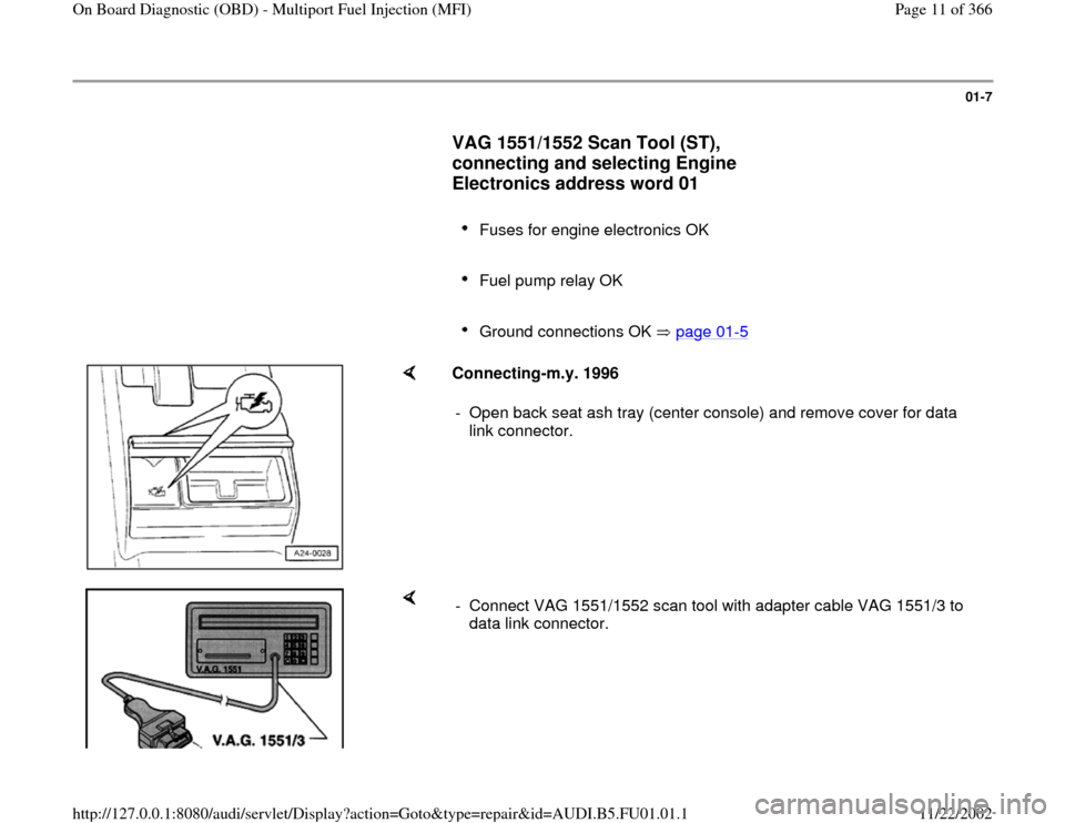 AUDI A4 2000 B5 / 1.G AFC Engine On Board Diagnostic Multiport Fuel Injection User Guide 01-7
      
VAG 1551/1552 Scan Tool (ST), 
connecting and selecting Engine 
Electronics address word 01
 
     
Fuses for engine electronics OK 
     Fuel pump relay OK 
     Ground connections OK   p