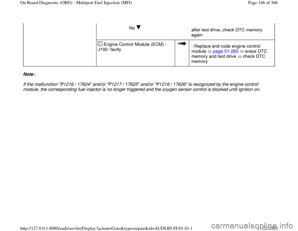 AUDI A4 1996 B5 / 1.G AFC Engine On Board Diagnostic Multiport Fuel Injection Workshop Manual No   
after test drive, check DTC memory 
again 
  
 Engine Control Module (ECM) -
J192- faulty  
  
- Replace and code engine control 
module  page 01
-265
  erase DTC 
memory and test drive   check 