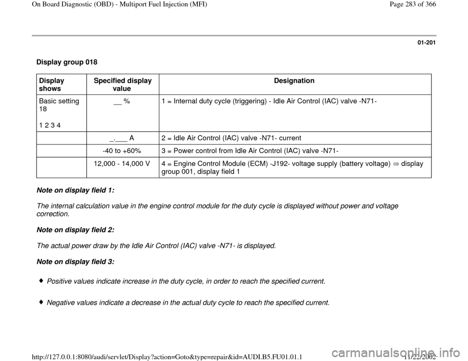 AUDI A4 1995 B5 / 1.G AFC Engine On Board Diagnostic Multiport Fuel Injection Workshop Manual 01-201
Display group 018 Display
shows Specified display
value Designation
Basic setting
18
1 2 3 4 __ % 1 = Internal duty cycle (triggering) - Idle Air Control (IAC) valve -N71-
_. AUDI A4 1995 B5 / 1.G AFC Engine On Board Diagnostic Multiport Fuel Injection Workshop Manual 01-201
Display group 018 Display
shows Specified display
value Designation
Basic setting
18
1 2 3 4 __ % 1 = Internal duty cycle (triggering) - Idle Air Control (IAC) valve -N71-
_.