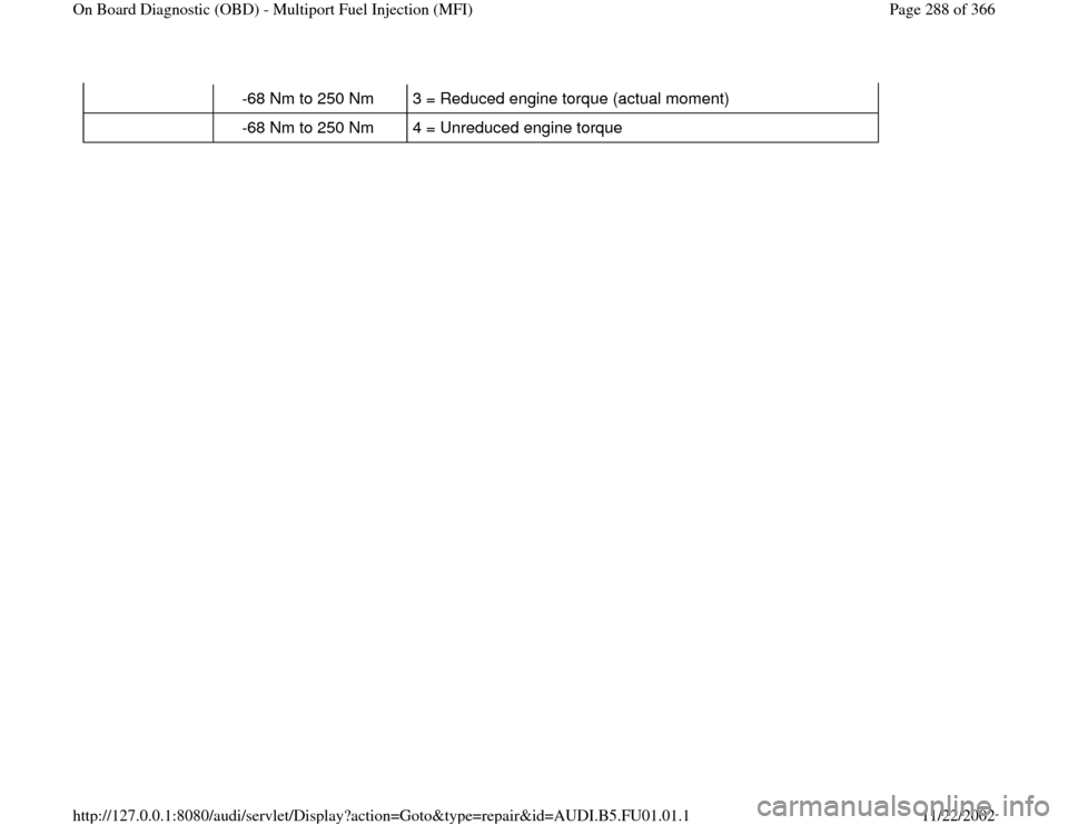 AUDI A4 1996 B5 / 1.G AFC Engine On Board Diagnostic Multiport Fuel Injection Workshop Manual    -68 Nm to 250 Nm   3 = Reduced engine torque (actual moment)  
   -68 Nm to 250 Nm   4 = Unreduced engine torque  
Pa
ge 288 of 366 On Board Dia
gnostic 
(OBD
) - Multi
port Fuel In
jection 
(MFI
)