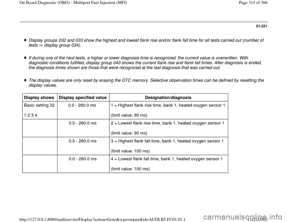 AUDI A4 2000 B5 / 1.G AFC Engine On Board Diagnostic Multiport Fuel Injection Workshop Manual 01-221
Display groups 032 and 033 show the highest and lowest flank rise and/or flank fall time for all tests carried out (number of
tests display group 034). If during one of the next tests, a AUDI A4 2000 B5 / 1.G AFC Engine On Board Diagnostic Multiport Fuel Injection Workshop Manual 01-221
Display groups 032 and 033 show the highest and lowest flank rise and/or flank fall time for all tests carried out (number of
tests display group 034). If during one of the next tests, a