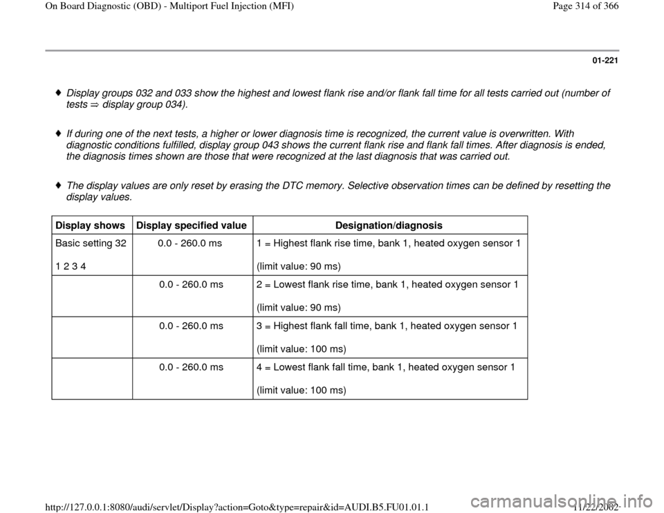 AUDI A4 1999 B5 / 1.G AFC Engine On Board Diagnostic Multiport Fuel Injection Workshop Manual 01-221
 
 Display groups 032 and 033 show the highest and lowest flank rise and/or flank fall time for all tests carried out (number of 
tests   display group 034).  If during one of the next tests, a