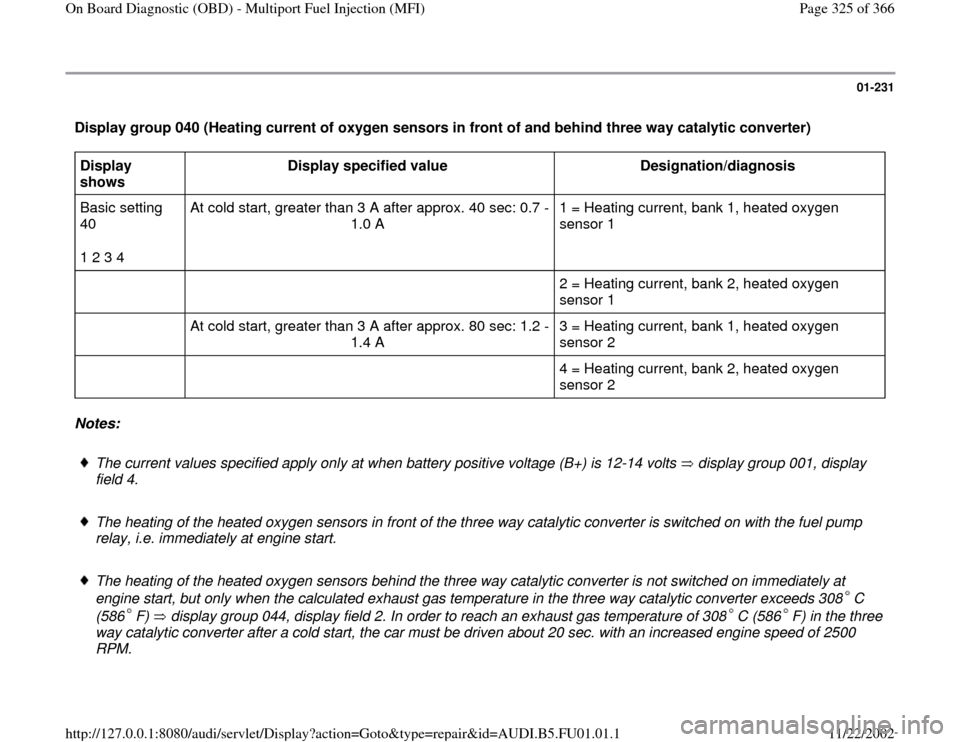 AUDI A4 1999 B5 / 1.G AFC Engine On Board Diagnostic Multiport Fuel Injection Workshop Manual 01-231
 Display group 040 (Heating current of oxygen sensors in front of and behind three way catalytic converter)  Display 
shows  Display specified value  
Designation/diagnosis  
Basic setting 
40 