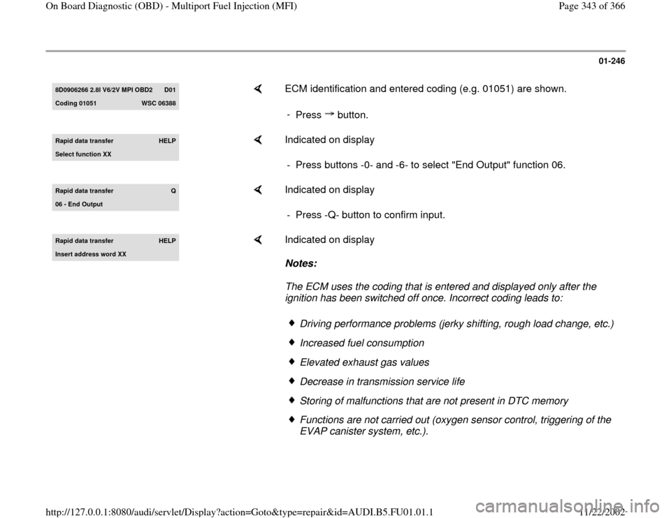AUDI A4 1995 B5 / 1.G AFC Engine On Board Diagnostic Multiport Fuel Injection Workshop Manual 01-246
 
8D0906266 2.8l V6/2V MPI OBD2 
D01
Coding 01051 
WSC 06388
    
ECM identification and entered coding (e.g. 01051) are shown.  
- 
Press  button.
Rapid data transfer 
HELP
Select function XX
