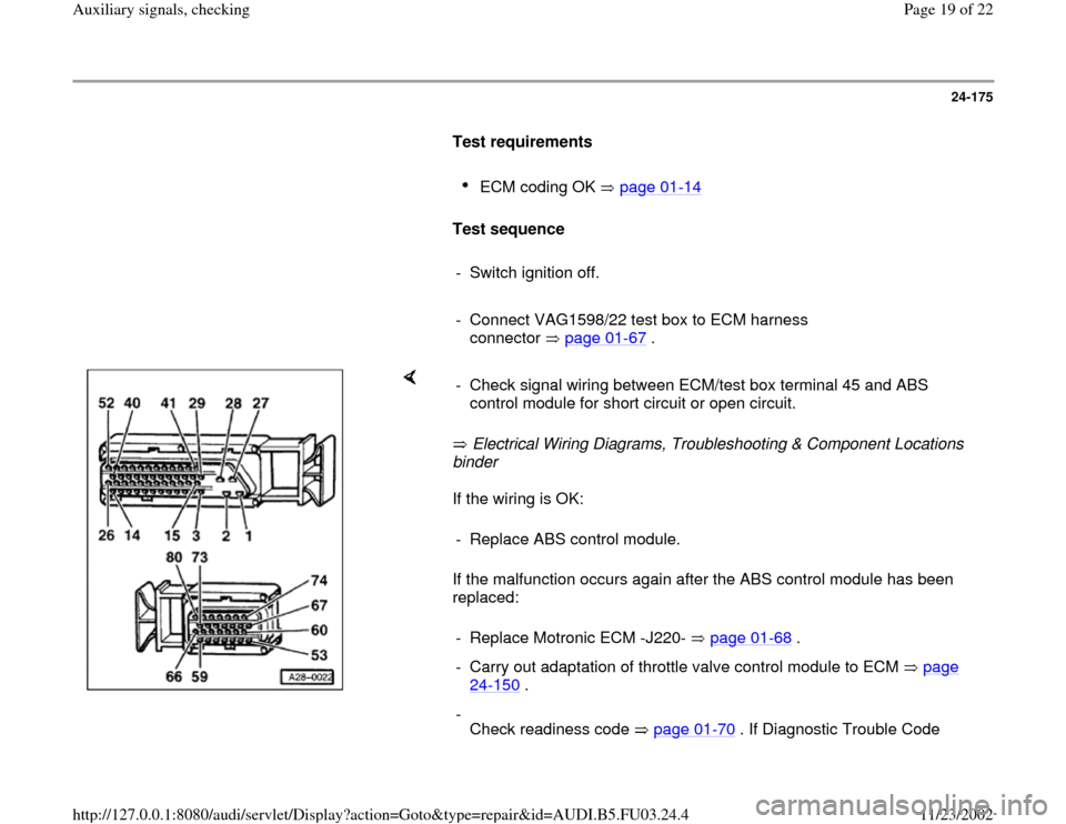 AUDI A8 2000 D2 / 1.G AHA Engine Auxiliary Signals Checking Workshop Manual 24-175
      
Test requirements  
     
ECM coding OK   page 01
-14
 
     
Test sequence  
     
-  Switch ignition off.
     
-  Connect VAG1598/22 test box to ECM harness 
connector  page 01
-67
 .
