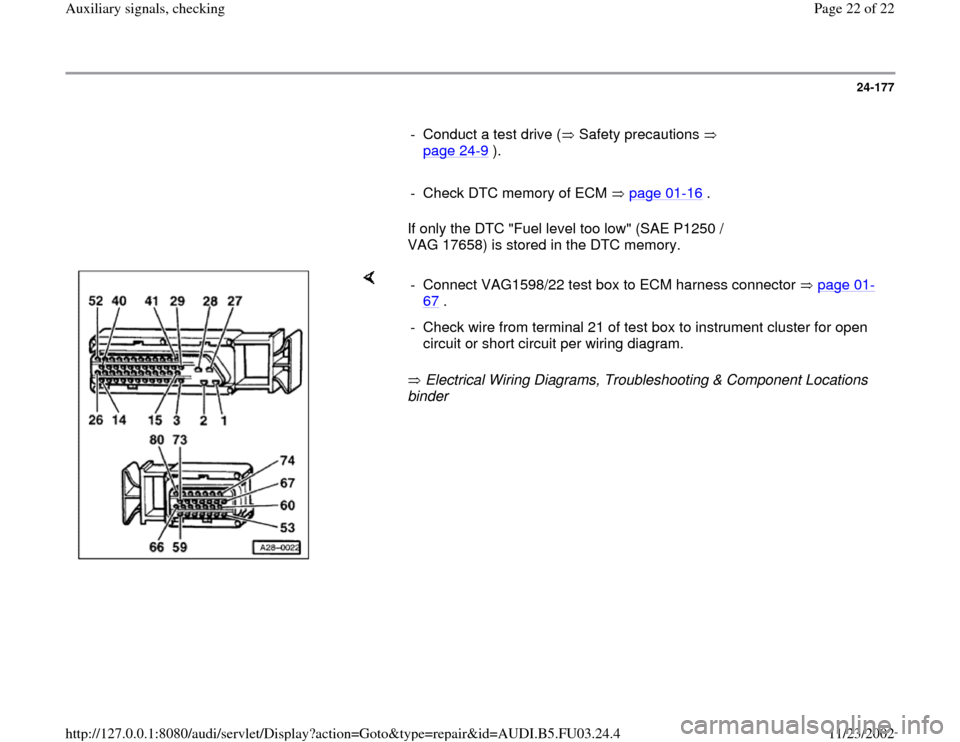 AUDI A8 2000 D2 / 1.G AHA Engine Auxiliary Signals Checking Workshop Manual 24-177
      
-  Conduct a test drive (  Safety precautions   
page 24
-9 ). 
     
-  Check DTC memory of ECM   page 01
-16
 .
      If only the DTC "Fuel level too low" (SAE P1250 / 
VAG 17658) is s