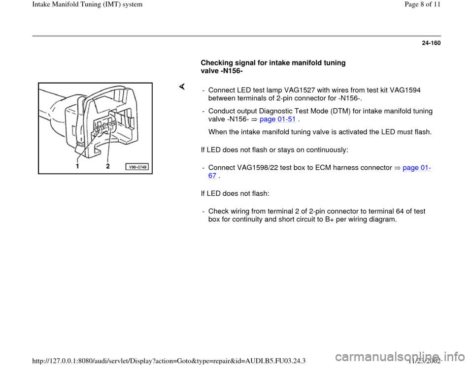 AUDI A4 1995 B5 / 1.G AHA Engine Intake Manifold Tuning System Workshop Manual 24-160
      
Checking signal for intake manifold tuning 
valve -N156-  
    
If LED does not flash or stays on continuously:  
If LED does not flash:  -  Connect LED test lamp VAG1527 with wires from