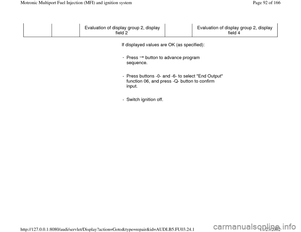 AUDI A4 1995 B5 / 1.G AHA Engine Multiport Fuel Injection And Ignition System Owners Manual Evaluation of display group 2, display 
field 2  Evaluation of display group 2, display 
field 4  
      If displayed values are OK (as specified):  
     
- 
Press   button to advance program 
sequen