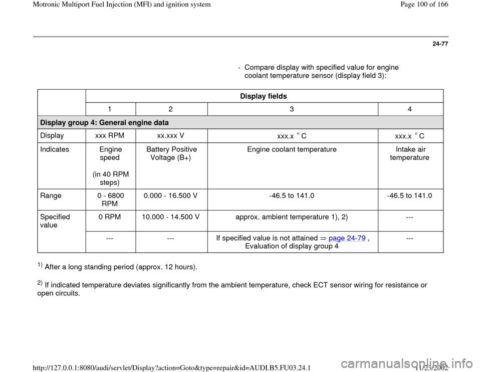 AUDI A4 1997 B5 / 1.G AHA Engine Multiport Fuel Injection And Ignition System Workshop Manual 24-77
      
-  Compare display with specified value for engine 
coolant temperature sensor (display field 3): 
  
Display fields  
  
1   2   3   4  
Display group 4: General engine data  
Display   