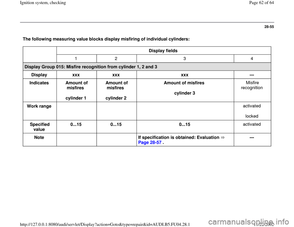 AUDI A4 2000 B5 / 1.G APB Engine Ignition System Checking 28-55
 The following measuring value blocks display misfiring of individual cylinders:  
  
Display fields  
  
1   2   3   4  
Display Group 015: Misfire recognition from cylinder 1, 2 and 3  
Displa