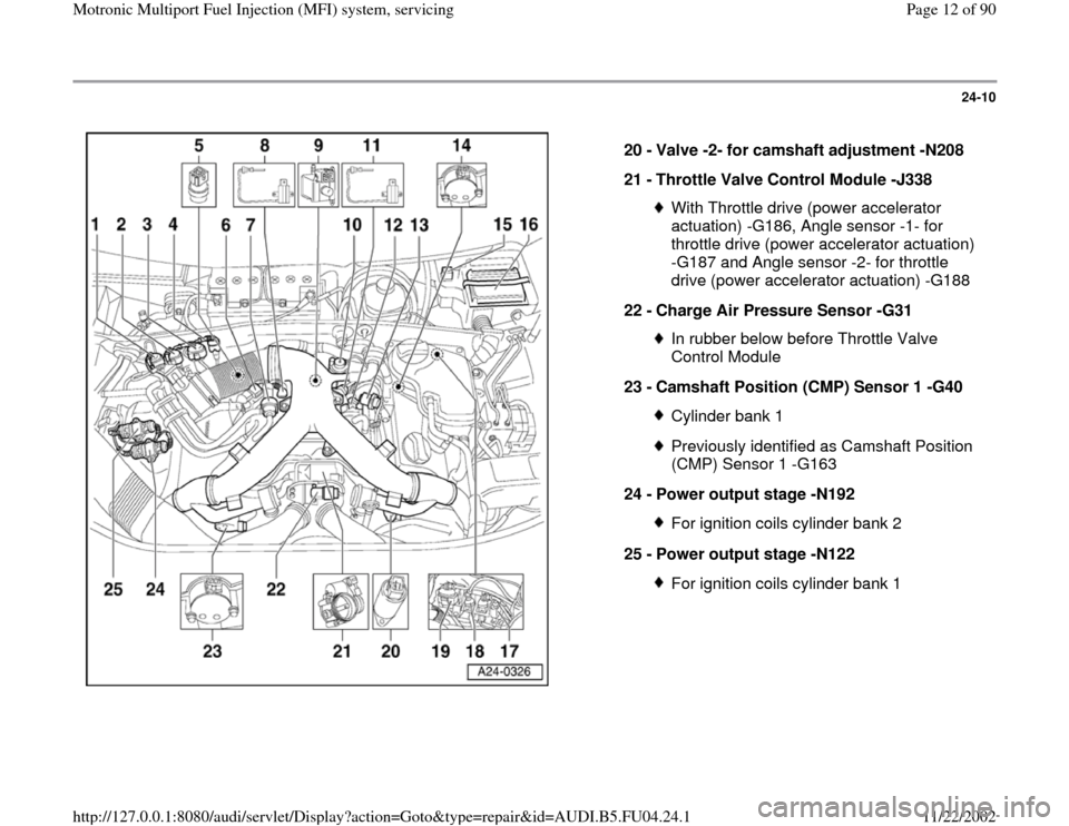 AUDI A4 1996 B5 / 1.G APB Engine Motronic Multiport Fuel Injection System Servising User Guide 24-10
 
  
20 - 
Valve -2- for camshaft adjustment -N208 
21 - 
Throttle Valve Control Module -J338 
With Throttle drive (power accelerator 
actuation) -G186, Angle sensor -1- for 
throttle drive (pow