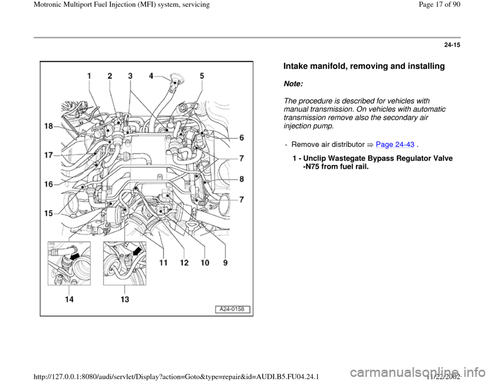 AUDI A4 1999 B5 / 1.G APB Engine Motronic Multiport Fuel Injection System Servising User Guide 24-15
 
  
Intake manifold, removing and installing
 
Note:  
The procedure is described for vehicles with 
manual transmission. On vehicles with automatic 
transmission remove also the secondary air 