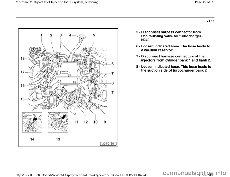 AUDI A4 1996 B5 / 1.G APB Engine Motronic Multiport Fuel Injection System Servising User Guide 24-17
 
  
5 - 
Disconnect harness connector from 
Recirculating valve for turbocharger -
N249. 
6 - 
Loosen indicated hose. The hose leads to 
a vacuum reservoir. 
7 - 
Disconnect harness connectors 
