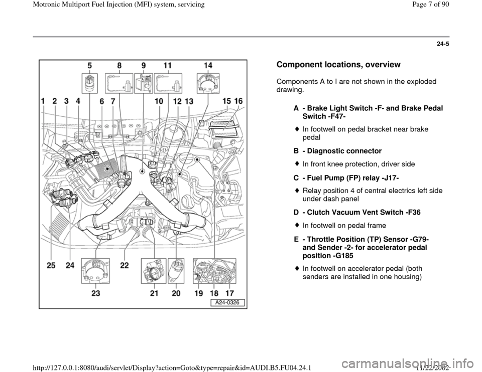 AUDI A4 2000 B5 / 1.G APB Engine Motronic Multiport Fuel Injection System Servising Workshop Manual 24-5
 
  
Component locations, overview
 
Components A to I are not shown in the exploded 
drawing.  
A - Brake Light Switch -F- and Brake Pedal 
Switch -F47- 
In footwell on pedal bracket near brake 