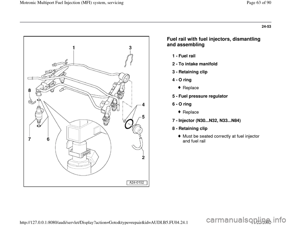 AUDI A4 1999 B5 / 1.G APB Engine Motronic Multiport Fuel Injection System Servising Repair Manual 24-53
 
  
Fuel rail with fuel injectors, dismantling 
and assembling 
 
1 - 
Fuel rail 
2 - 
To intake manifold 
3 - 
Retaining clip 
4 - 
O ring 
Replace
5 - 
Fuel pressure regulator 
6 - 
O ring Re