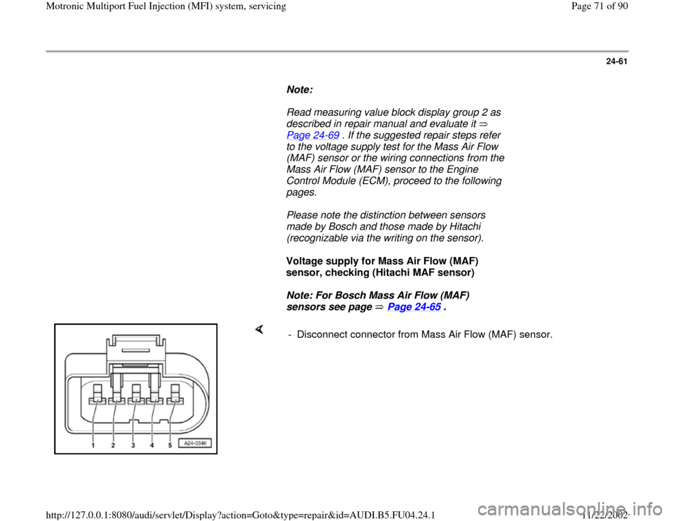 AUDI A4 1999 B5 / 1.G APB Engine Motronic Multiport Fuel Injection System Servising Workshop Manual 24-61
      
Note:  
     Read measuring value block display group 2 as 
described in repair manual and evaluate it   
Page 24
-69
 . If the suggested repair steps refer 
to the voltage supply test fo